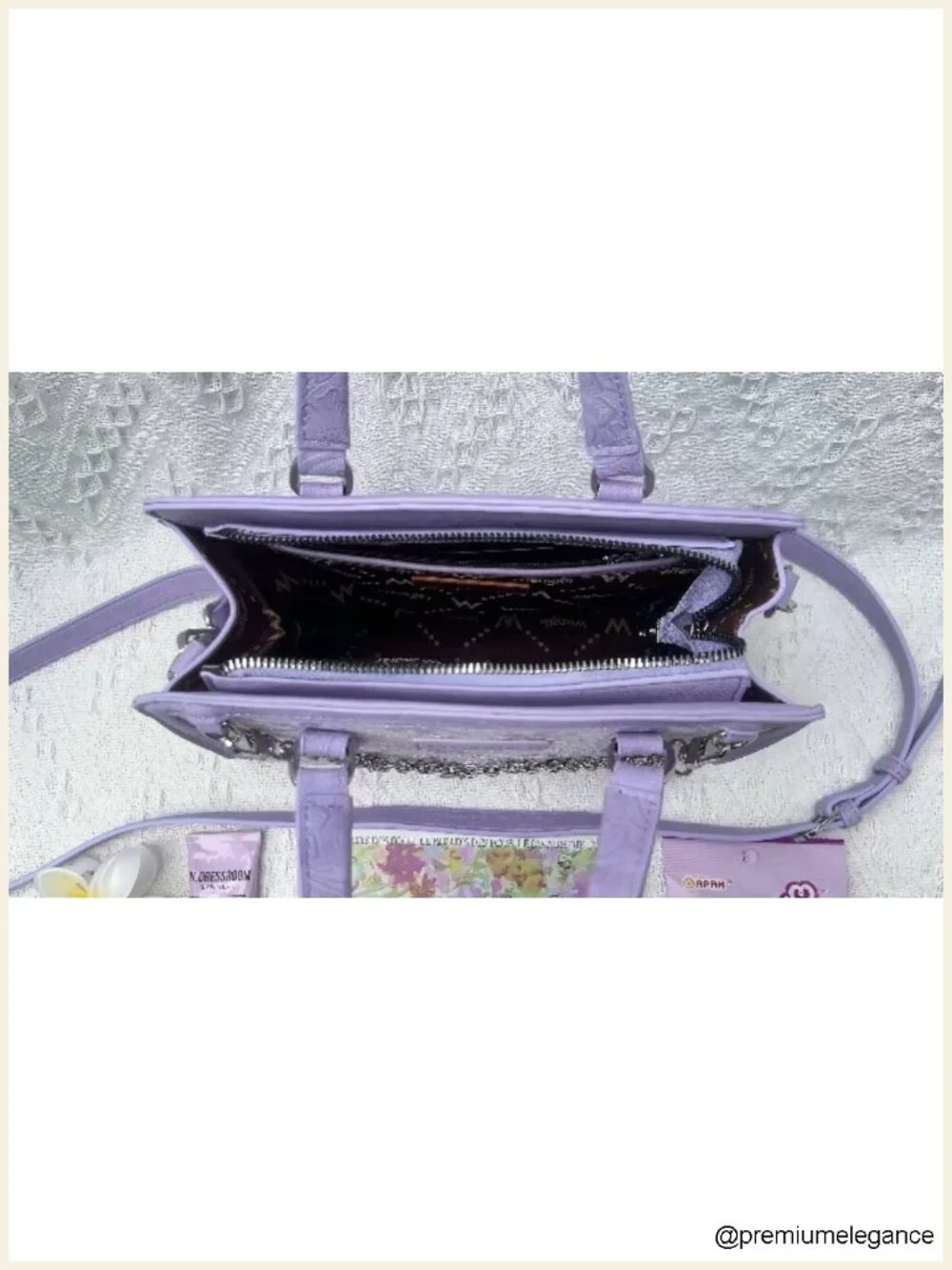 Faux Leather Medium Satchel Tote Bag with Floral Lace and Purse Charm